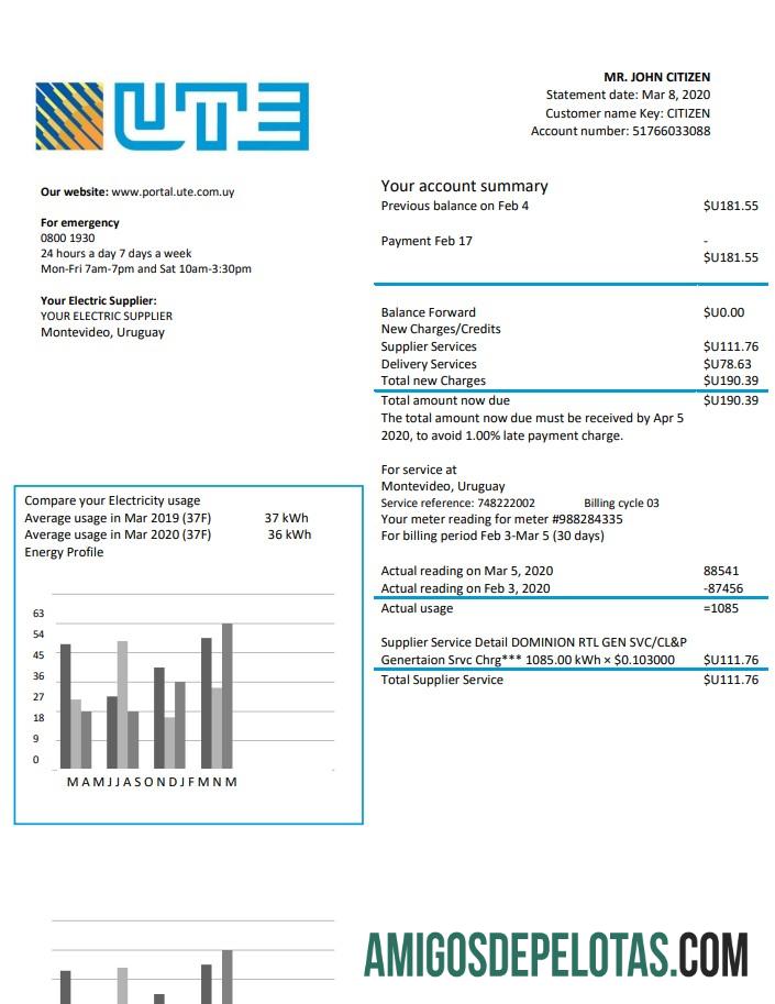 imprimível Modelo de conta de serviços públicos de eletricidade da empresa Uruguai UTE em formato Word e PDF